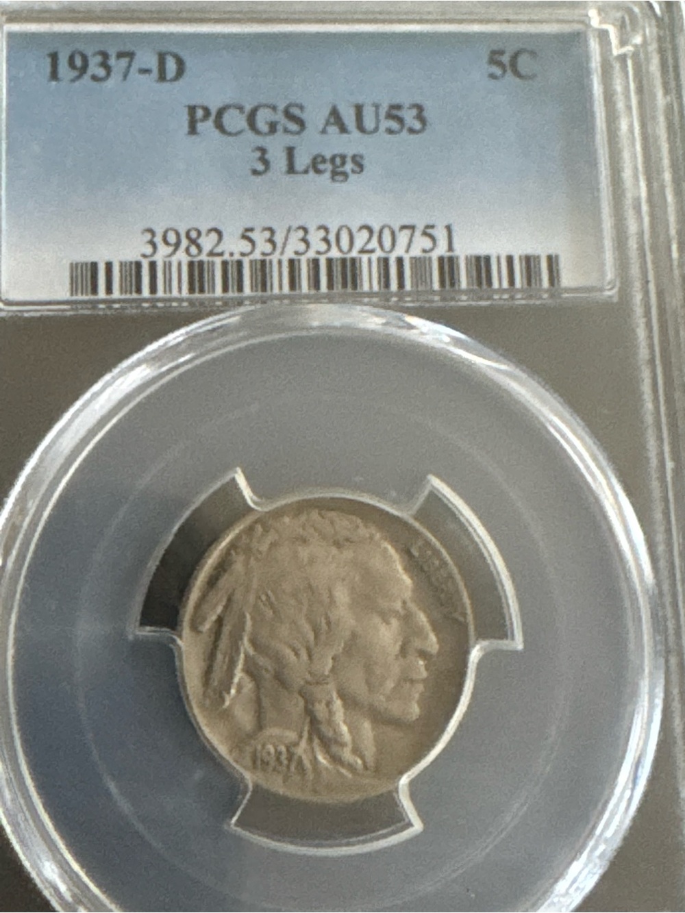 Graded 1937-D Buffalo Nickel - AU53 (3 Legs) - Silver/Toned